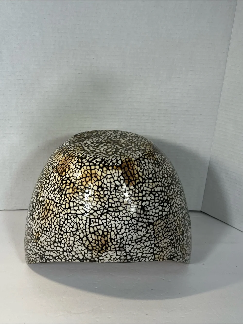 Bamboo Lacquerware Bowl Eggshell Mosaic Black Tan Handled Decorative Bowl 11”